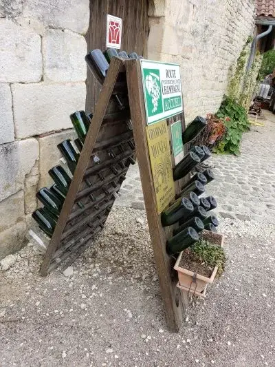 Champagne bottles in a bottle rack