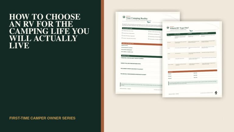 Pages from the RV buyer planner showing camping reality, RV type and must-have worksheets