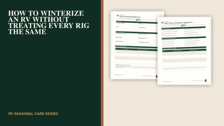 RV Seasonal Care workbook pages for rig reference, storage planning, water winterization and waste-plumbing verification