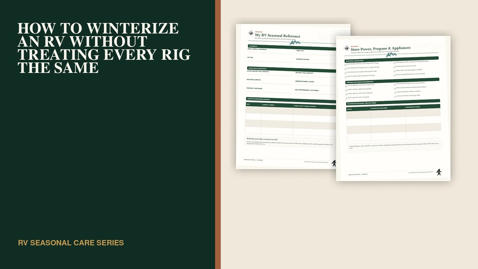 RV Seasonal Care workbook pages for rig reference, storage planning, water winterization and waste-plumbing verification