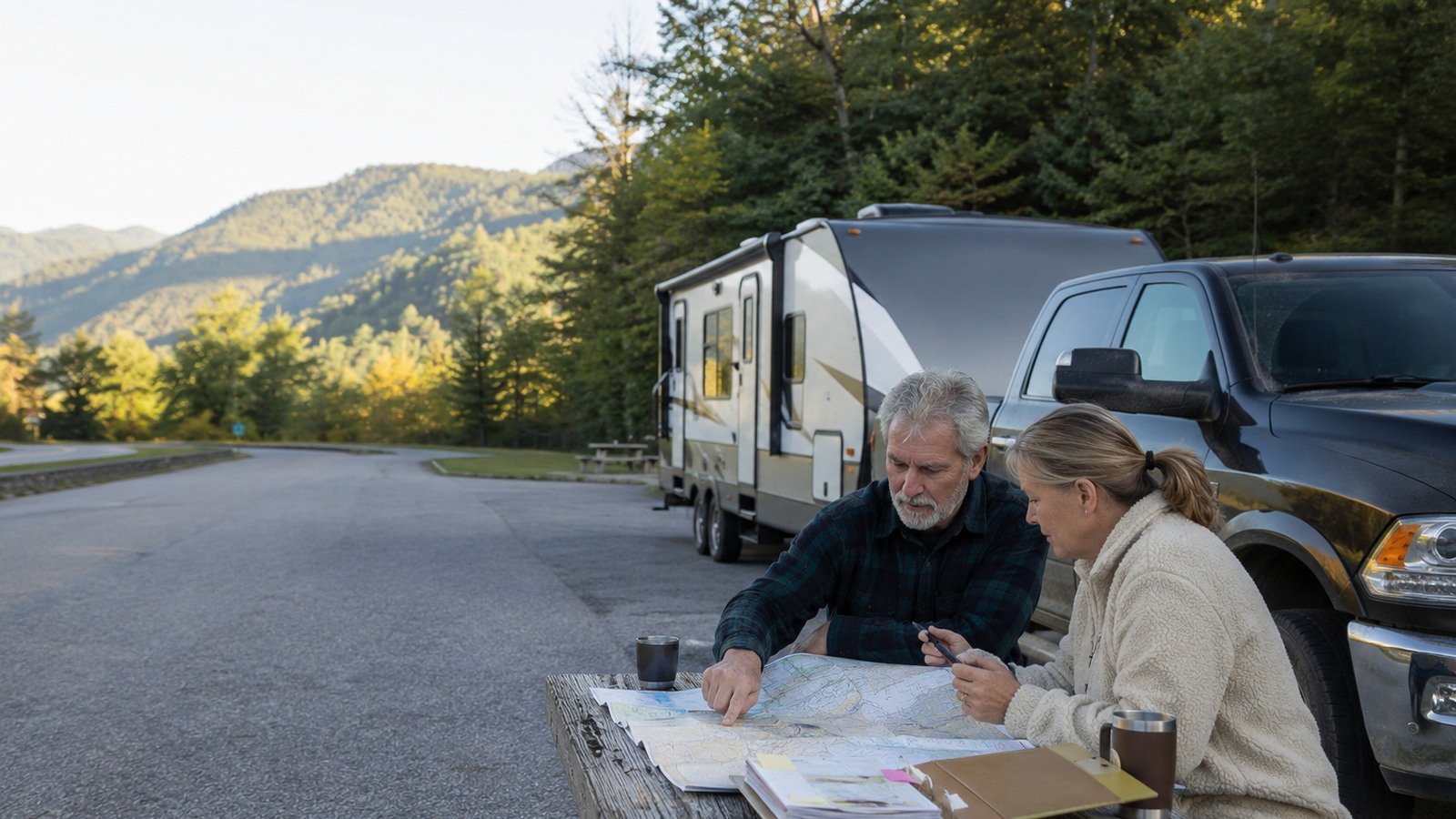 RV travelers reviewing a road atlas beside their tow vehicle and trailer