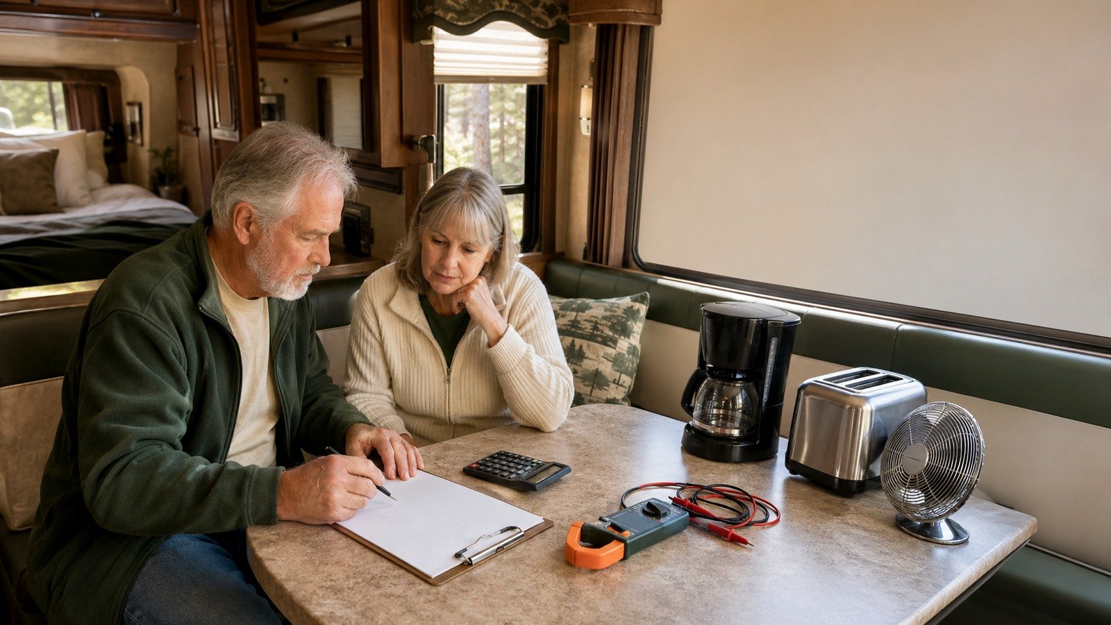 RV travelers listing appliance loads at a dinette