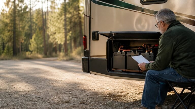 RV owner reviewing a battery-bank plan beside an enclosed compartment