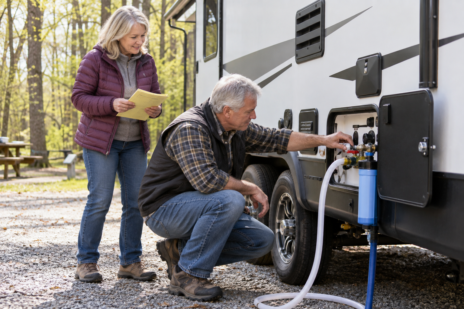 Older RV travelers using a checklist while restoring the water and utility systems after winter storage