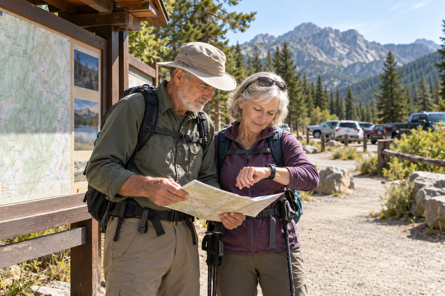 Older hikers checking a trail map and turnaround time at a national park trailhead