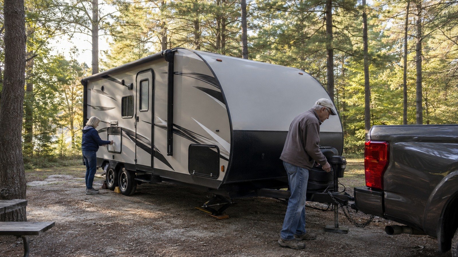 Older RV owners completing a final walk-around before towing their trailer