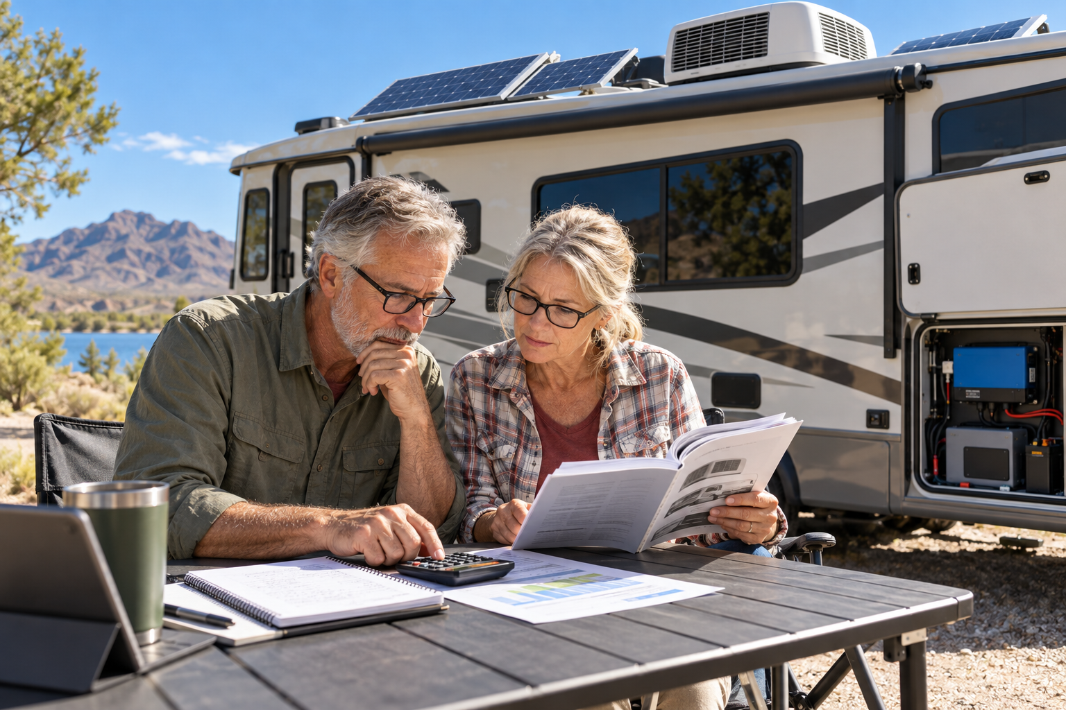 Older RV travelers calculating air-conditioner energy beside an RV with rooftop solar panels