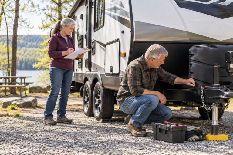 Older RV travelers completing a spring road-ready inspection beside a travel trailer