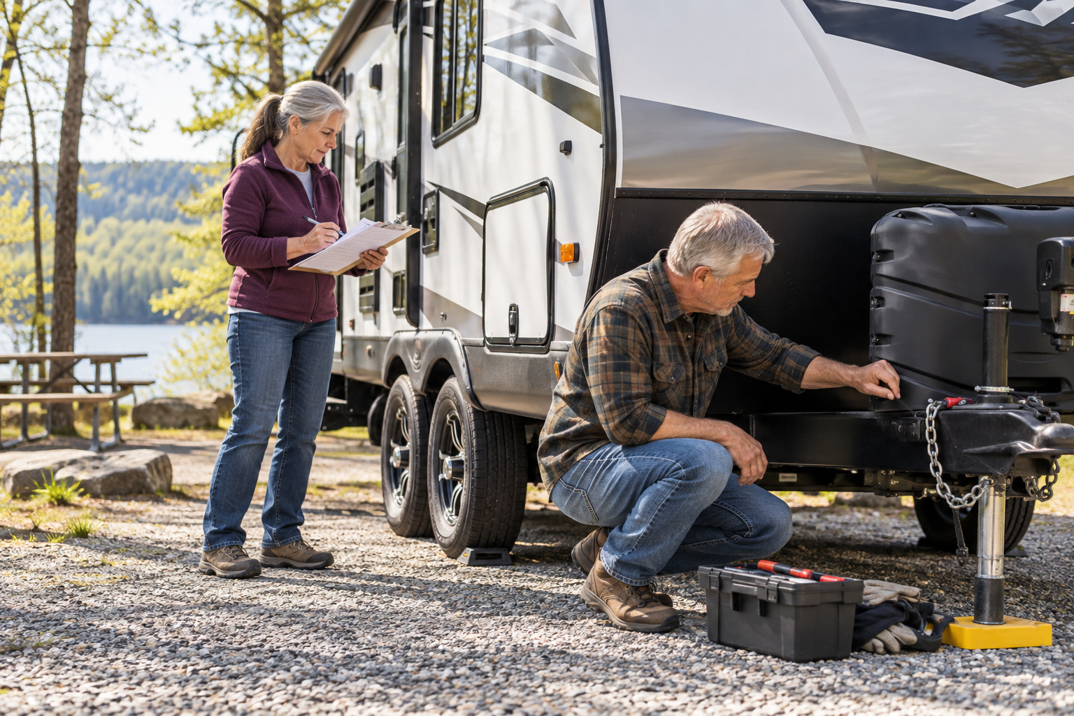Older RV travelers completing a spring road-ready inspection beside a travel trailer
