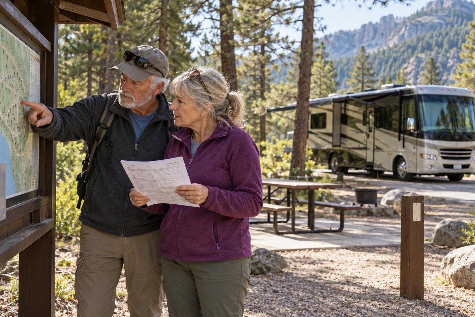 Older RV travelers comparing campground site details at a national park