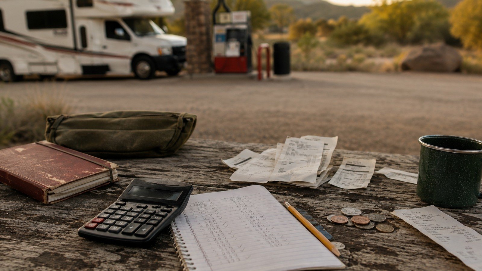Calculator, receipts and travel budget notes on a campground table beside an RV