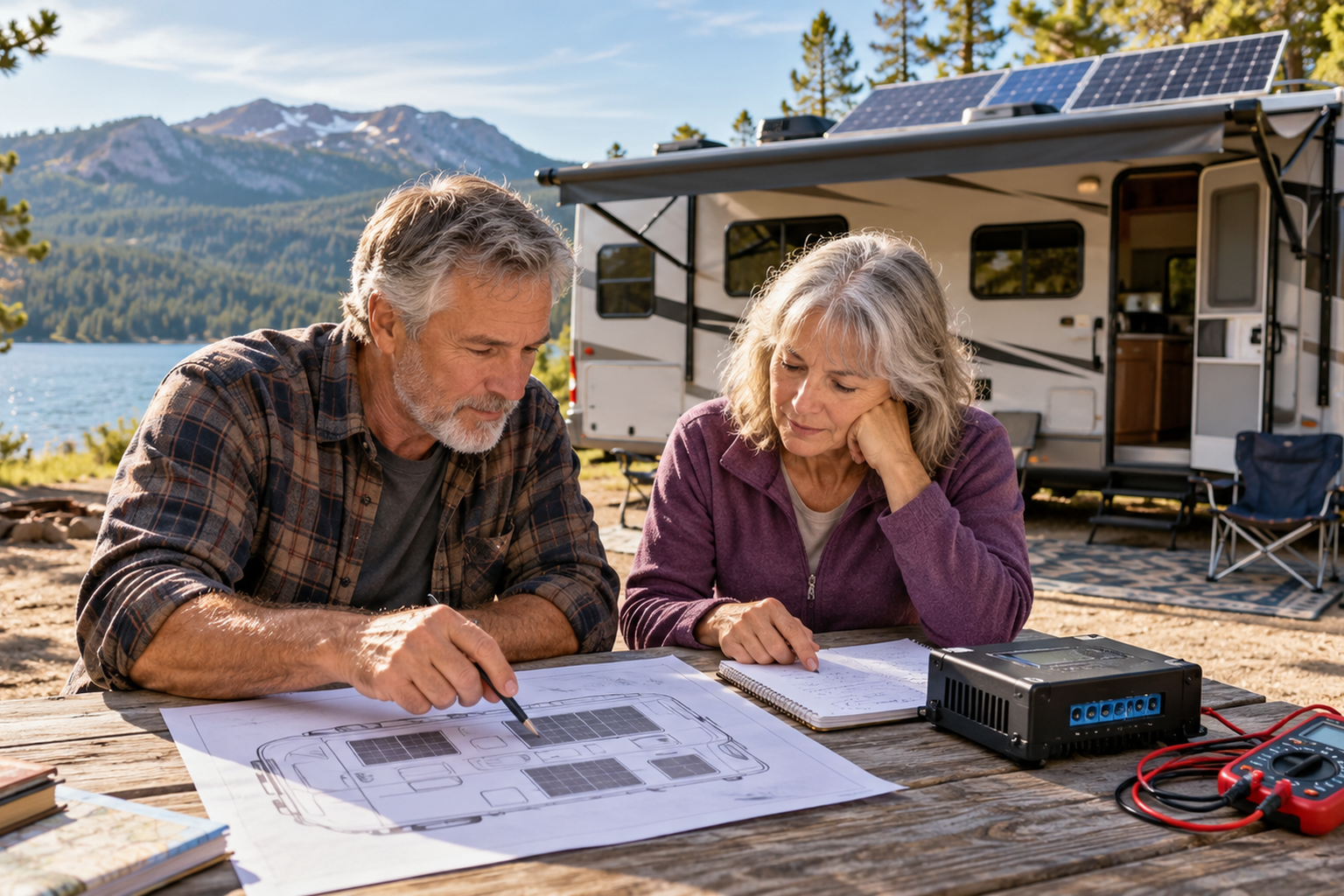 Older RV travelers sizing solar panels and checking MPPT controller limits
