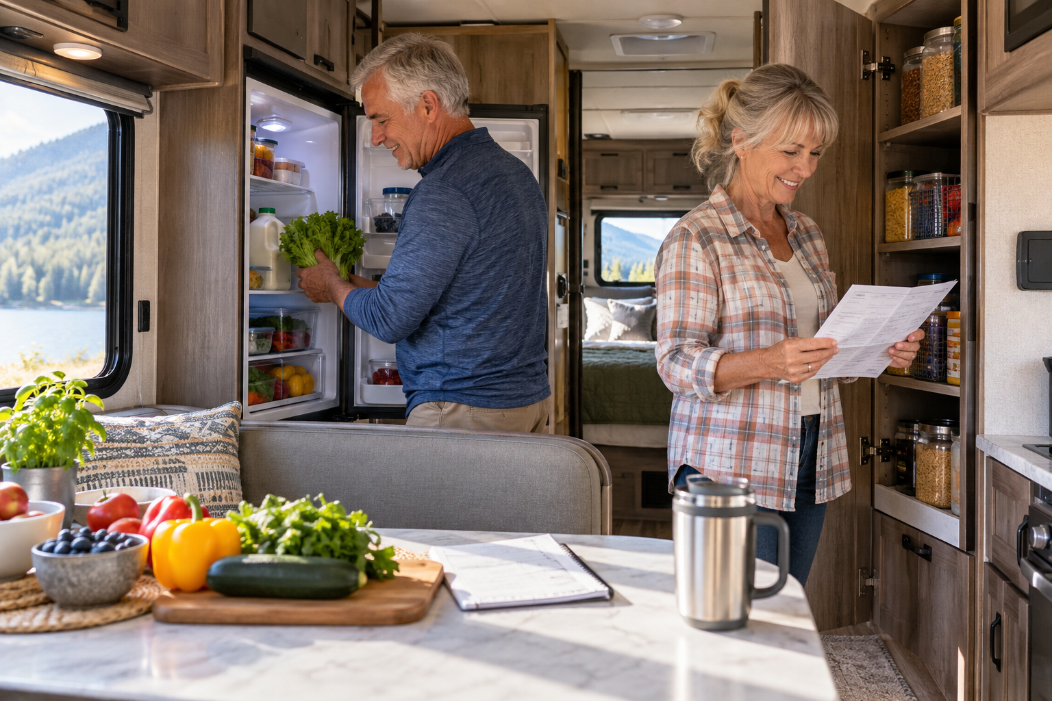 Older camping couple organizing groceries and a weekly meal plan in an RV kitchen