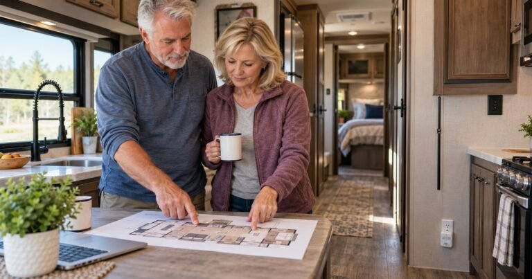 Older RV travelers planning carbon monoxide and propane detector coverage between the galley and sleeping area