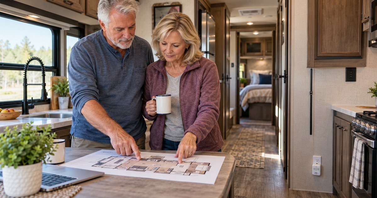 Older RV travelers planning carbon monoxide and propane detector coverage between the galley and sleeping area